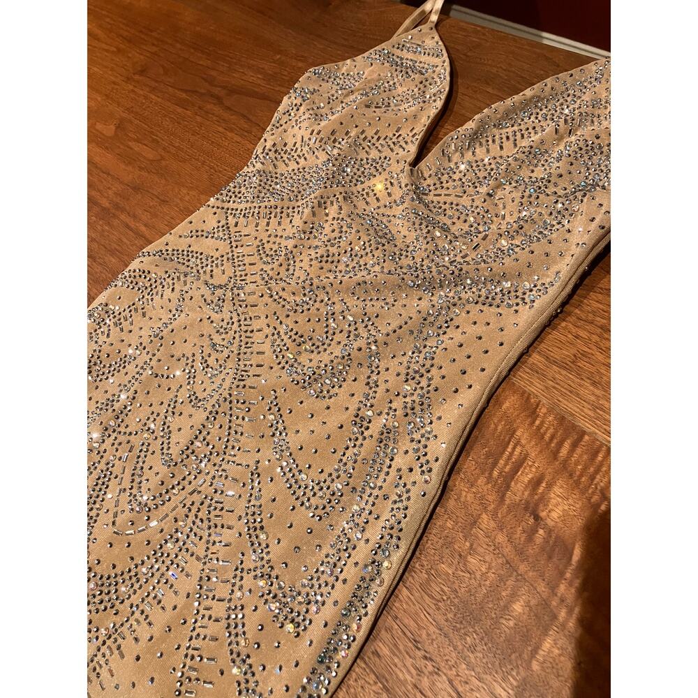 BANJUL Womens Rhinestone Sheer Leg Jumpsuit Nude Beige Lined‎ Bodice Size L